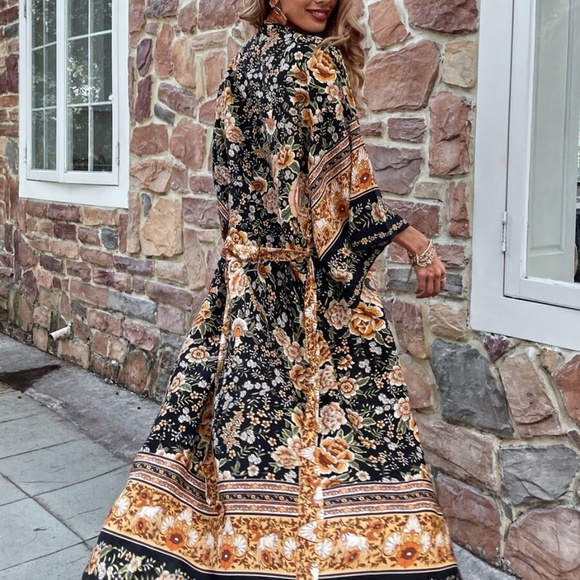 Boho Black Pink Floral Belted Long Kimono Cover up Beach - Picture 10 of 11